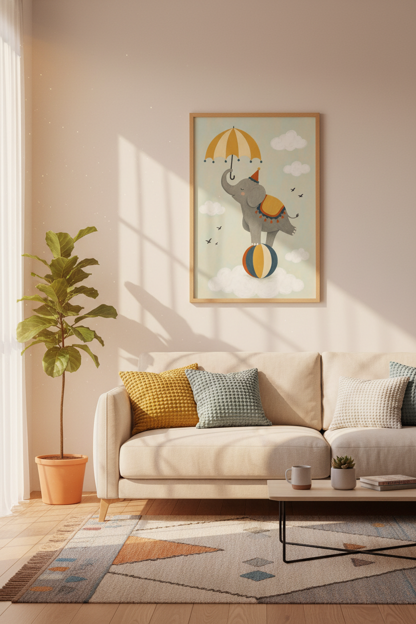 Circus Elephant Wall Art | Whimsical Nursery Decor, Gender Neutral Animal Poster