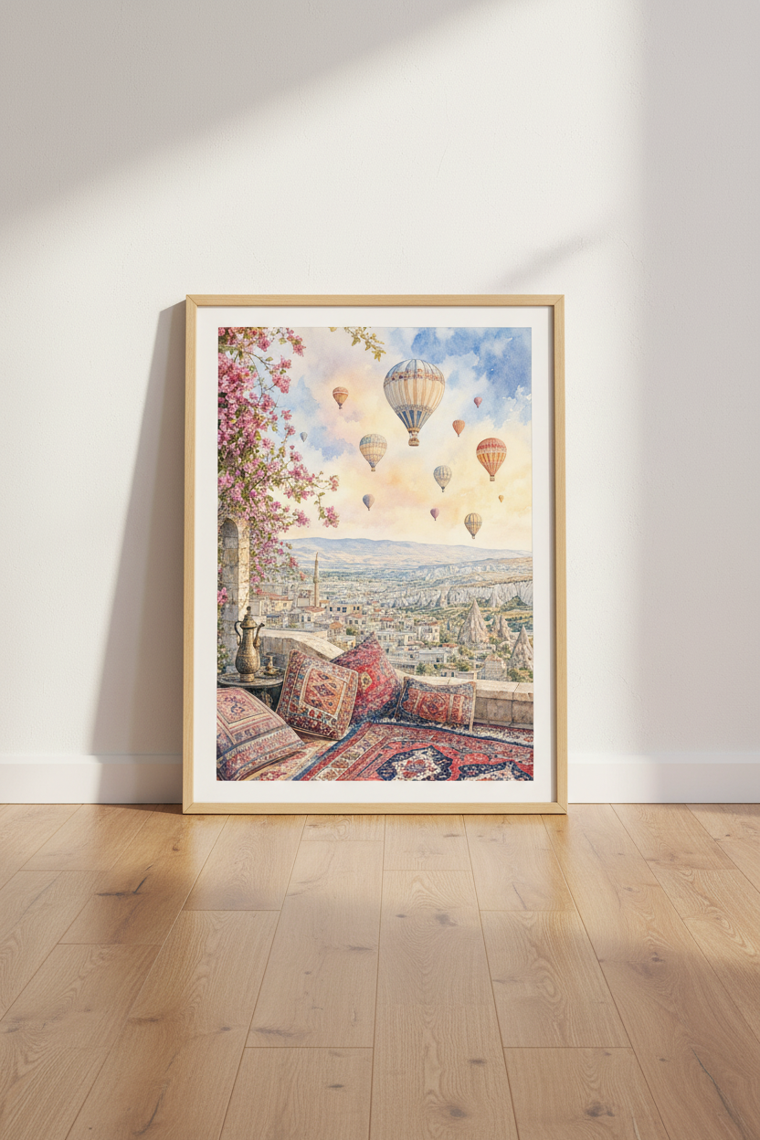 Cappadocia Hot Air Balloon Art | Watercolor Turkey Landscape, Travel Decor