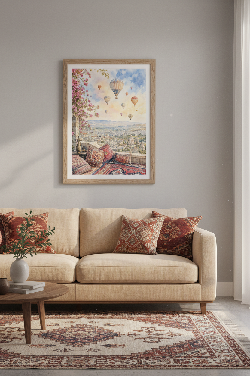 Cappadocia Hot Air Balloon Art | Watercolor Turkey Landscape, Travel Decor