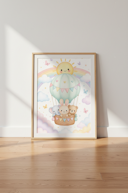 Nursery Animals Hot Air Balloon Art | Pastel Rainbow Decor, Baby Room Poster