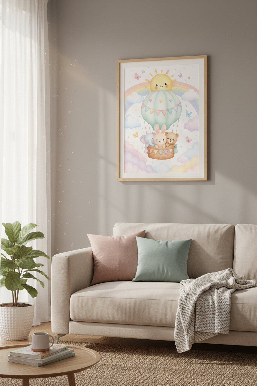 Nursery Animals Hot Air Balloon Art | Pastel Rainbow Decor, Baby Room Poster