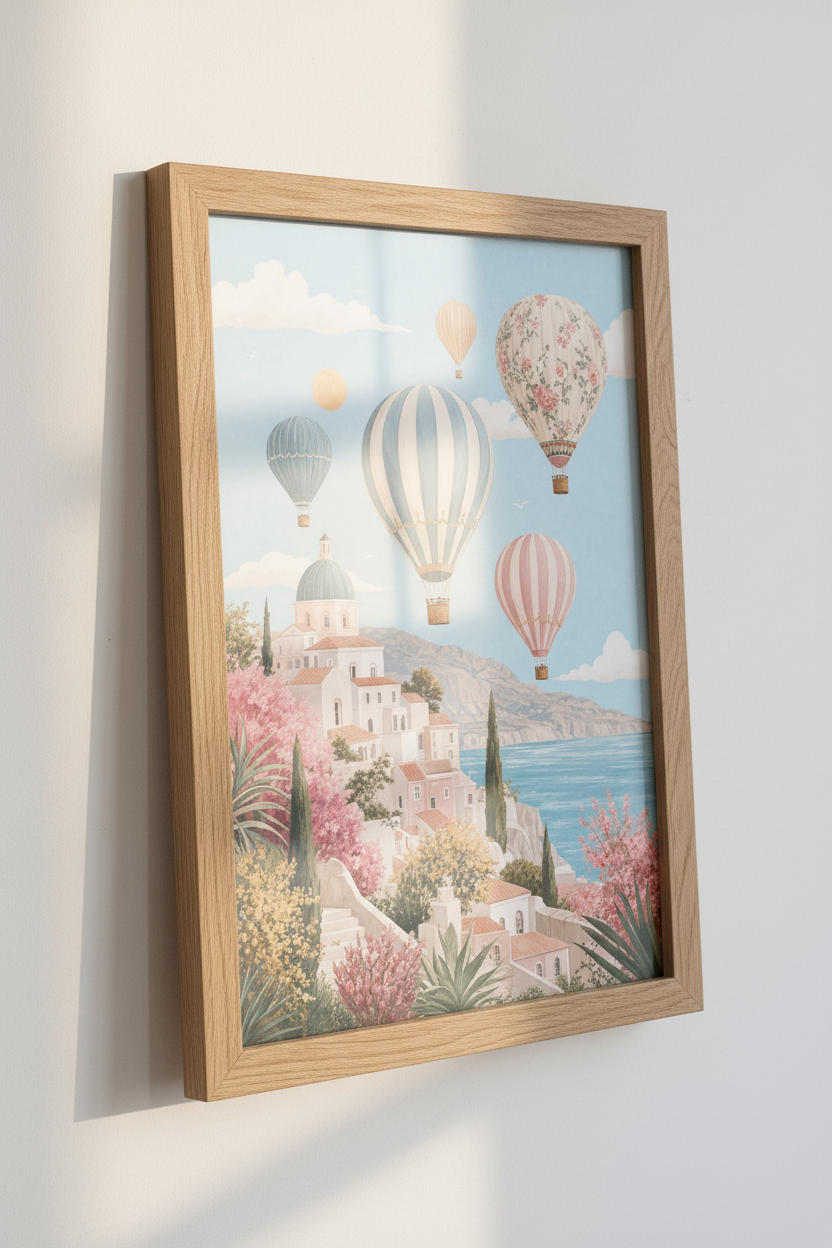 Vintage Hot Air Balloon Coastal Art | Mediterranean Nursery Decor | Pastel Sky Poster