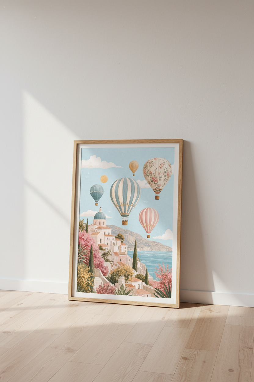 Vintage Hot Air Balloon Coastal Art | Mediterranean Nursery Decor | Pastel Sky Poster