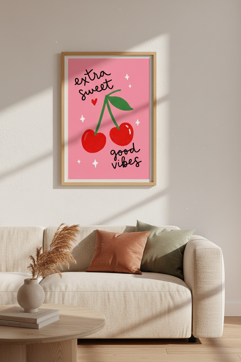 Preppy Cherry Wall Art | Pink Heart Cherry Poster, Trendy Dorm &amp; Bedroom Decor
