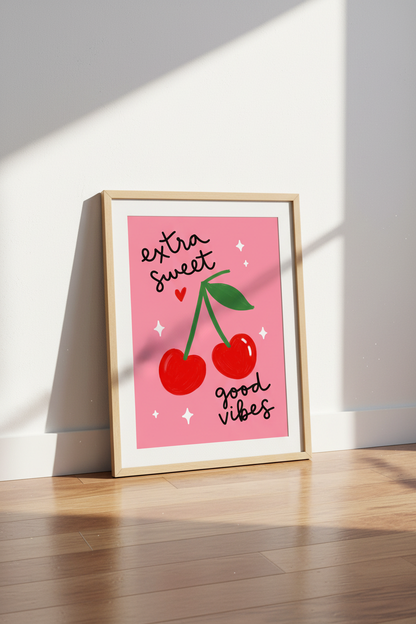 Preppy Cherry Wall Art | Pink Heart Cherry Poster, Trendy Dorm &amp; Bedroom Decor