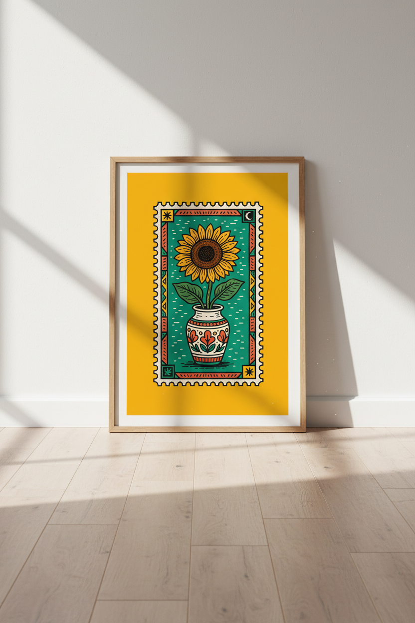 Sunflower Postage Stamp Wall Art | Folk Botanical Poster, Mustard Yellow Decor