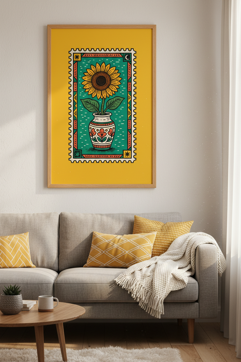 Sunflower Postage Stamp Wall Art | Folk Botanical Poster, Mustard Yellow Decor