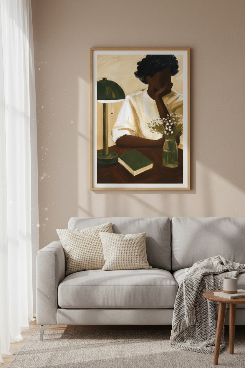 Modern Portrait Art | Warm Tones, Beige &amp; Olive | Living Room Decor