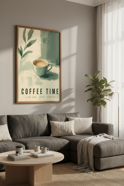 Coffee Time Wall Art | Sage Green Kitchen Decor | Modern Latte Poster