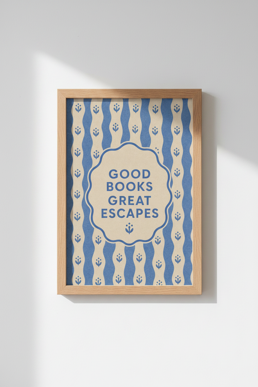 Retro Book Lover Print | Blue Wavy Floral Library Decor | Aesthetic Reading Nook Poster