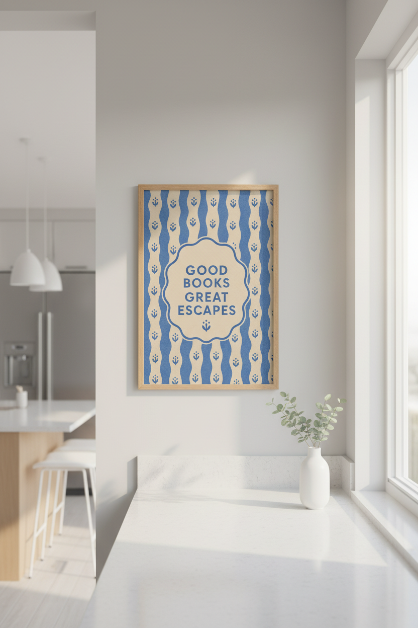 Retro Book Lover Print | Blue Wavy Floral Library Decor | Aesthetic Reading Nook Poster