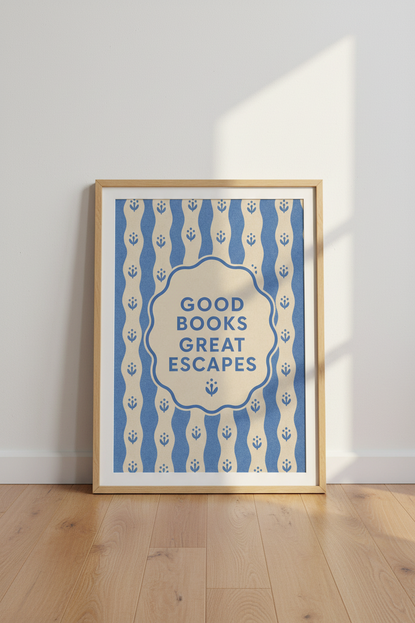 Retro Book Lover Print | Blue Wavy Floral Library Decor | Aesthetic Reading Nook Poster