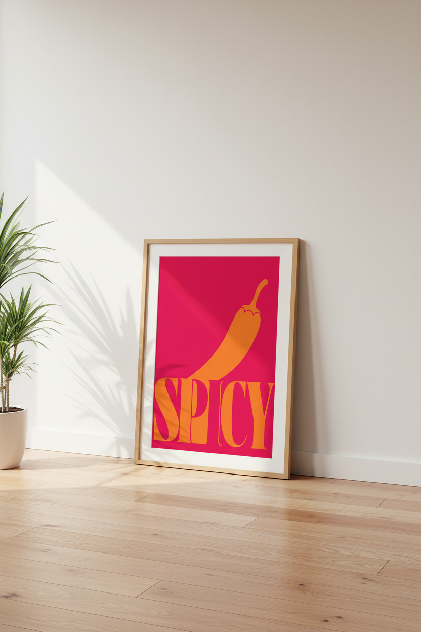 Spicy Food Art Print | Bold Pink &amp; Orange Chili Poster, Kitchen Wall Decor