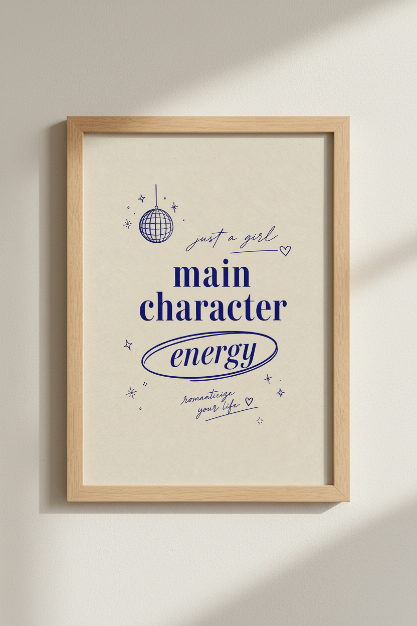 Main Character Energy Wall Art Print | Navy Disco Decor | Preppy Aesthetic Poster