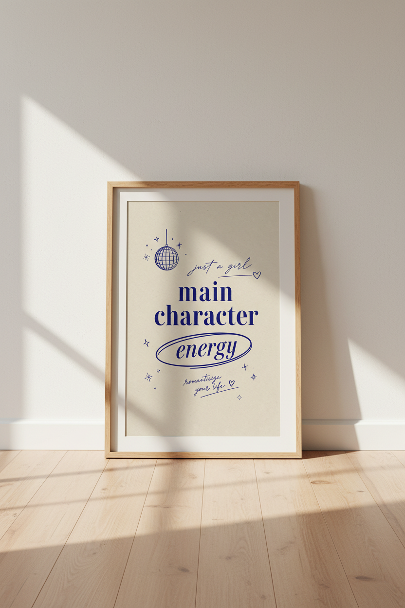 Main Character Energy Wall Art Print | Navy Disco Decor | Preppy Aesthetic Poster