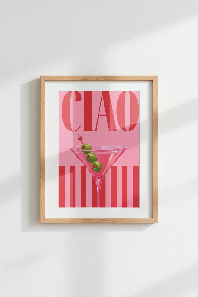 Pink Cocktail Wall Art Print | Modern Bar Cart Decor | Ciao Martini Poster