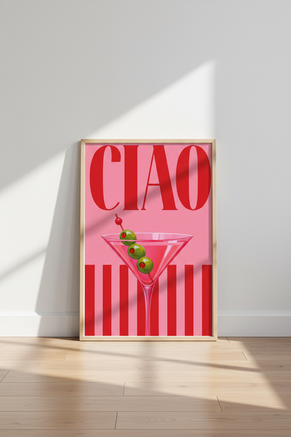 Pink Cocktail Wall Art Print | Modern Bar Cart Decor | Ciao Martini Poster