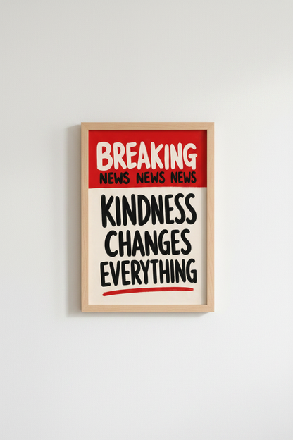 Breaking News Kindness Print | Bold Red Quote Wall Art | Modern Affirmation Poster
