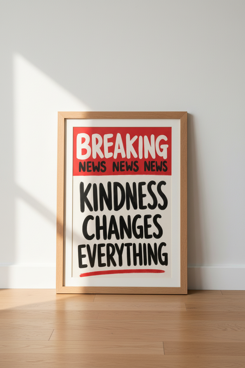 Breaking News Kindness Print | Bold Red Quote Wall Art | Modern Affirmation Poster
