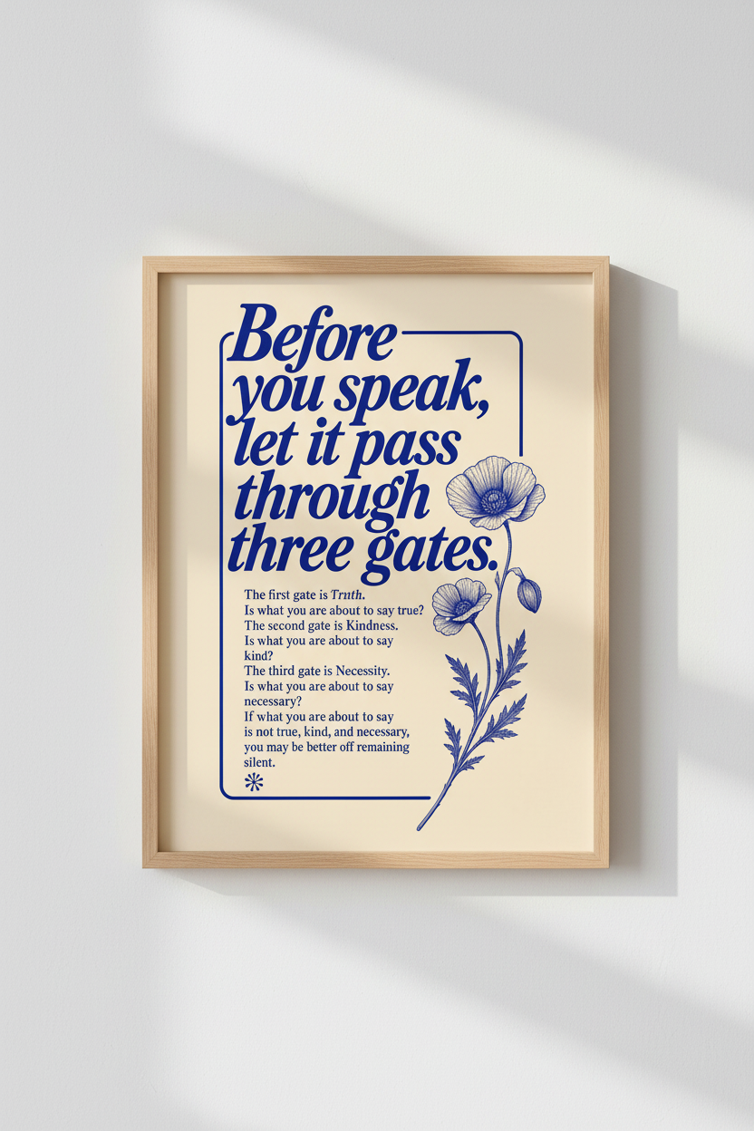 Three Gates Quote Wall Art | Blue Botanical Flower Decor | Mindful Office Poster