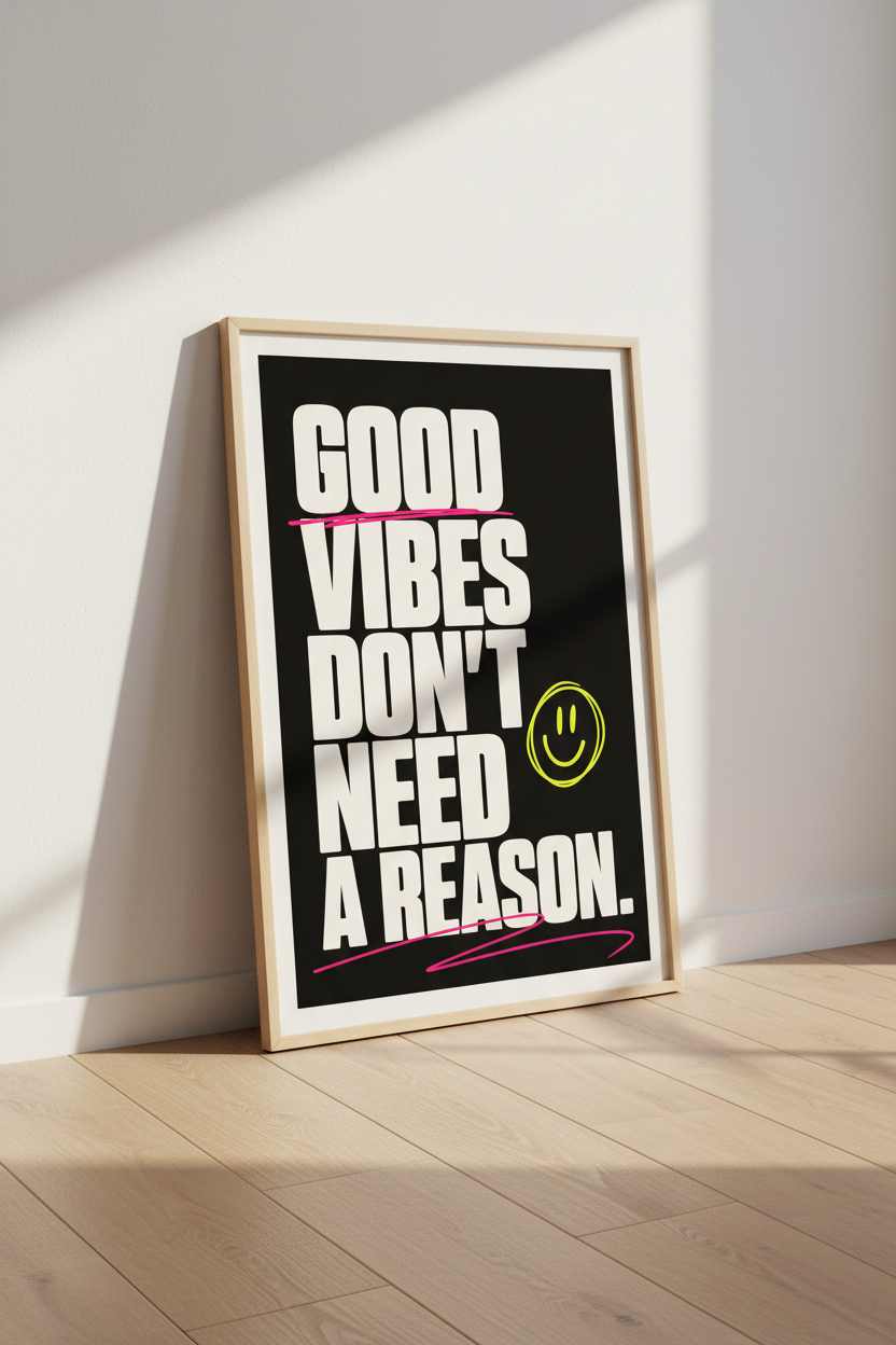 Good Vibes Quote Wall Art Print | Black &amp; Neon Typography Decor | Y2K Poster