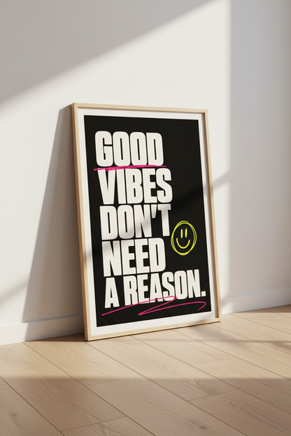 Good Vibes Quote Wall Art Print | Black &amp; Neon Typography Decor | Y2K Poster