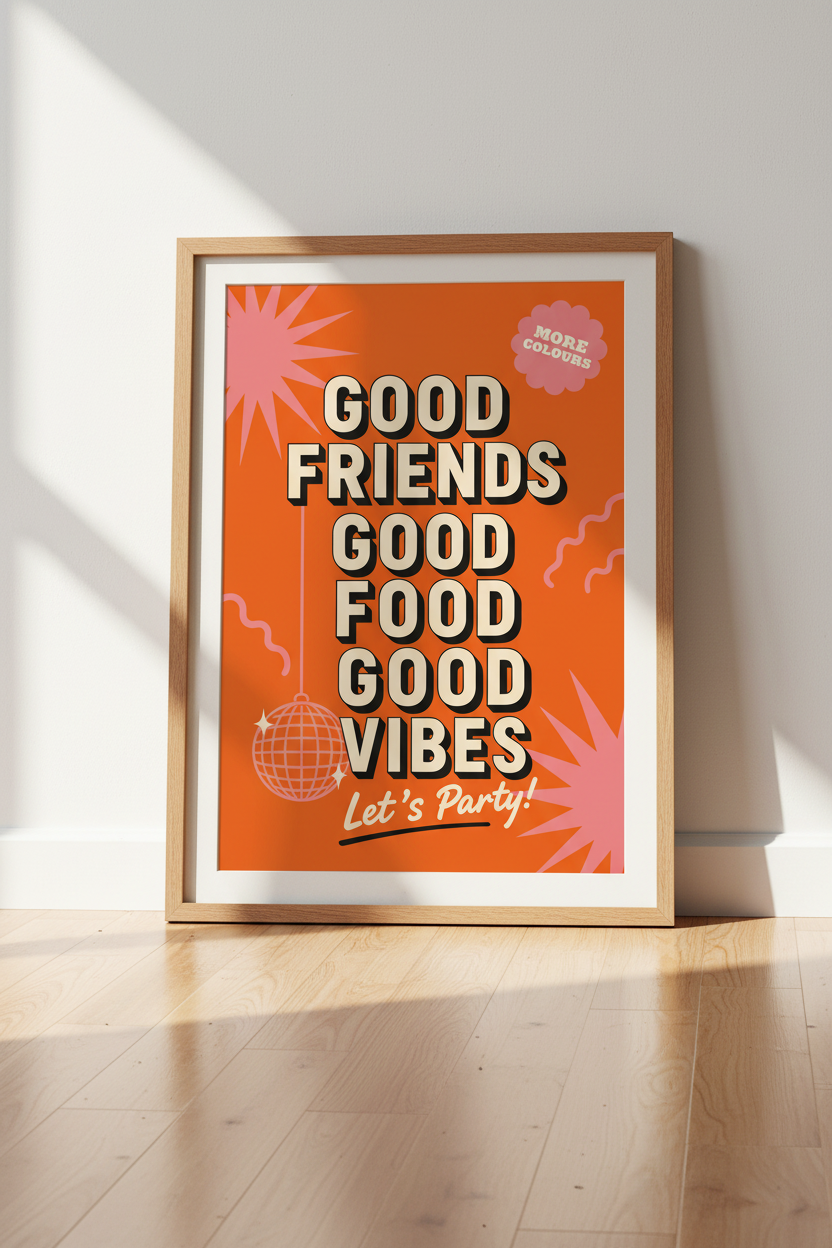 Good Vibes Disco Wall Art | Retro Orange Pink Poster, Kitchen Bar Decor