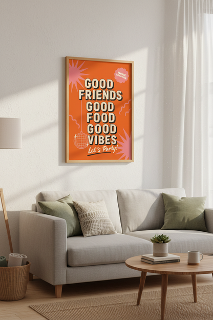 Good Vibes Disco Wall Art | Retro Orange Pink Poster, Kitchen Bar Decor