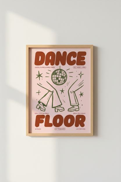 Retro Disco Dance Floor Wall Art | Pink &amp; Red 70s Decor | Funky Groovy Poster