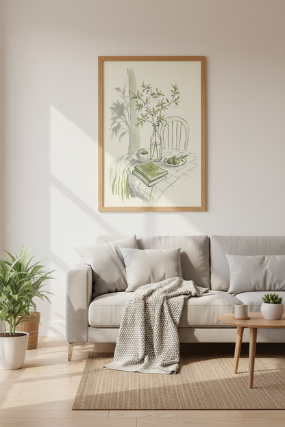 Botanical Still Life | Minimalist Sage Green Sketch, Kitchen &amp; Office Decor