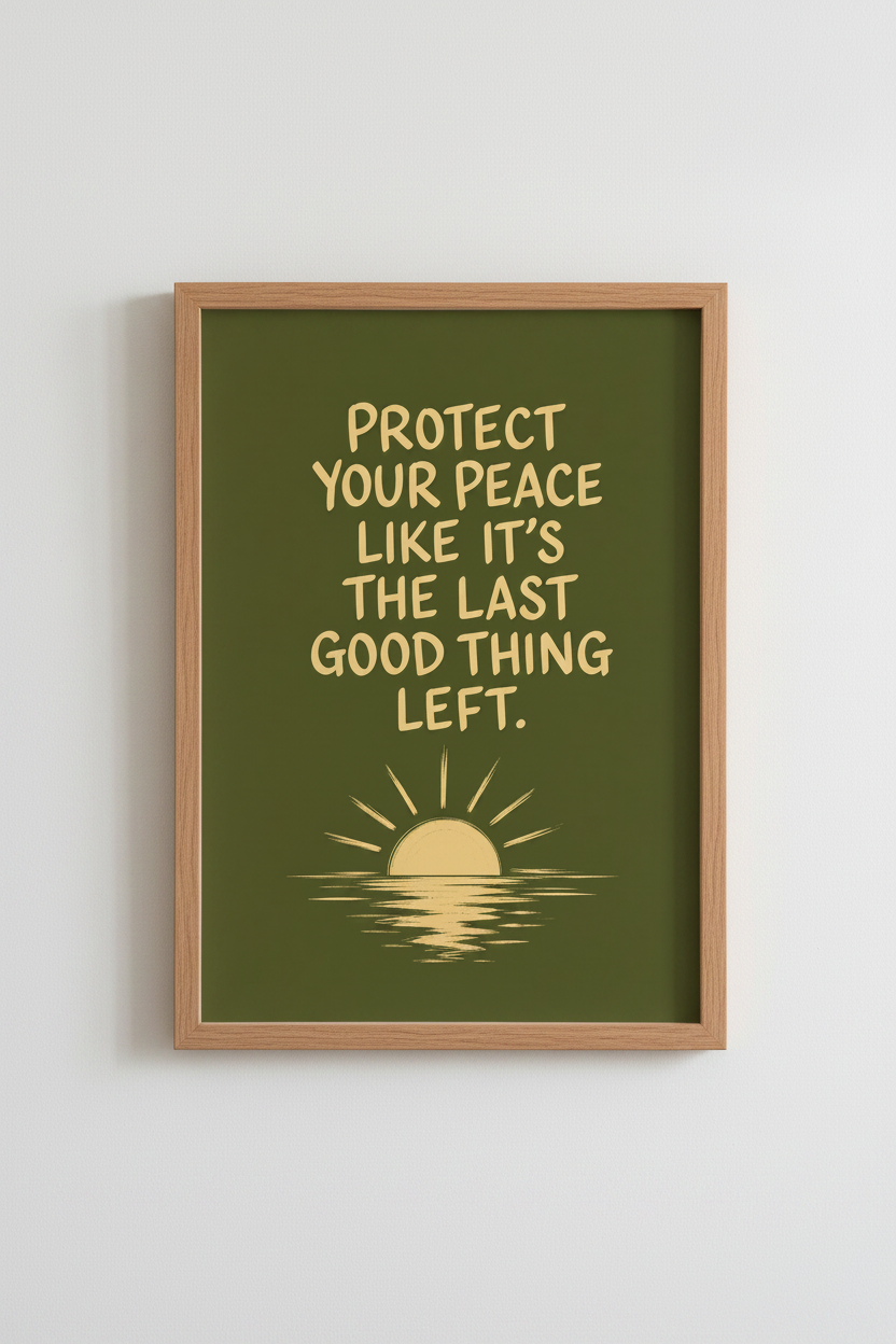 Protect Your Peace Quote Wall Art | Olive Green Sun Print | Retro Aesthetic Poster