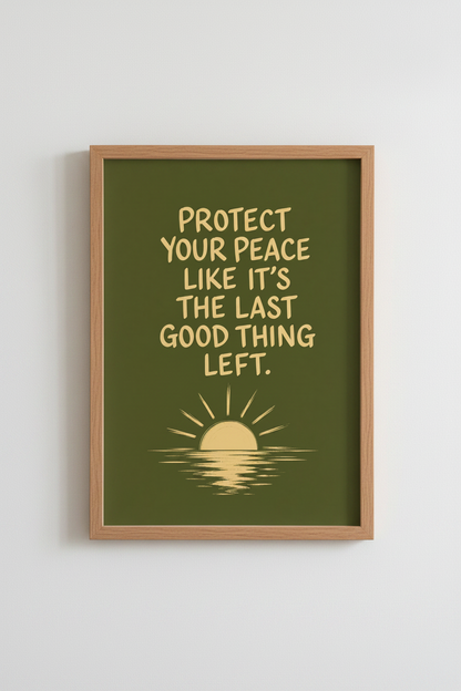 Protect Your Peace Quote Wall Art | Olive Green Sun Print | Retro Aesthetic Poster