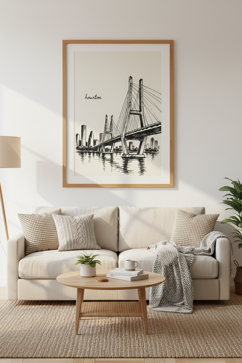 Houston City Sketch | Texas Skyline Wall Art, Modern Urban Decor Poster
