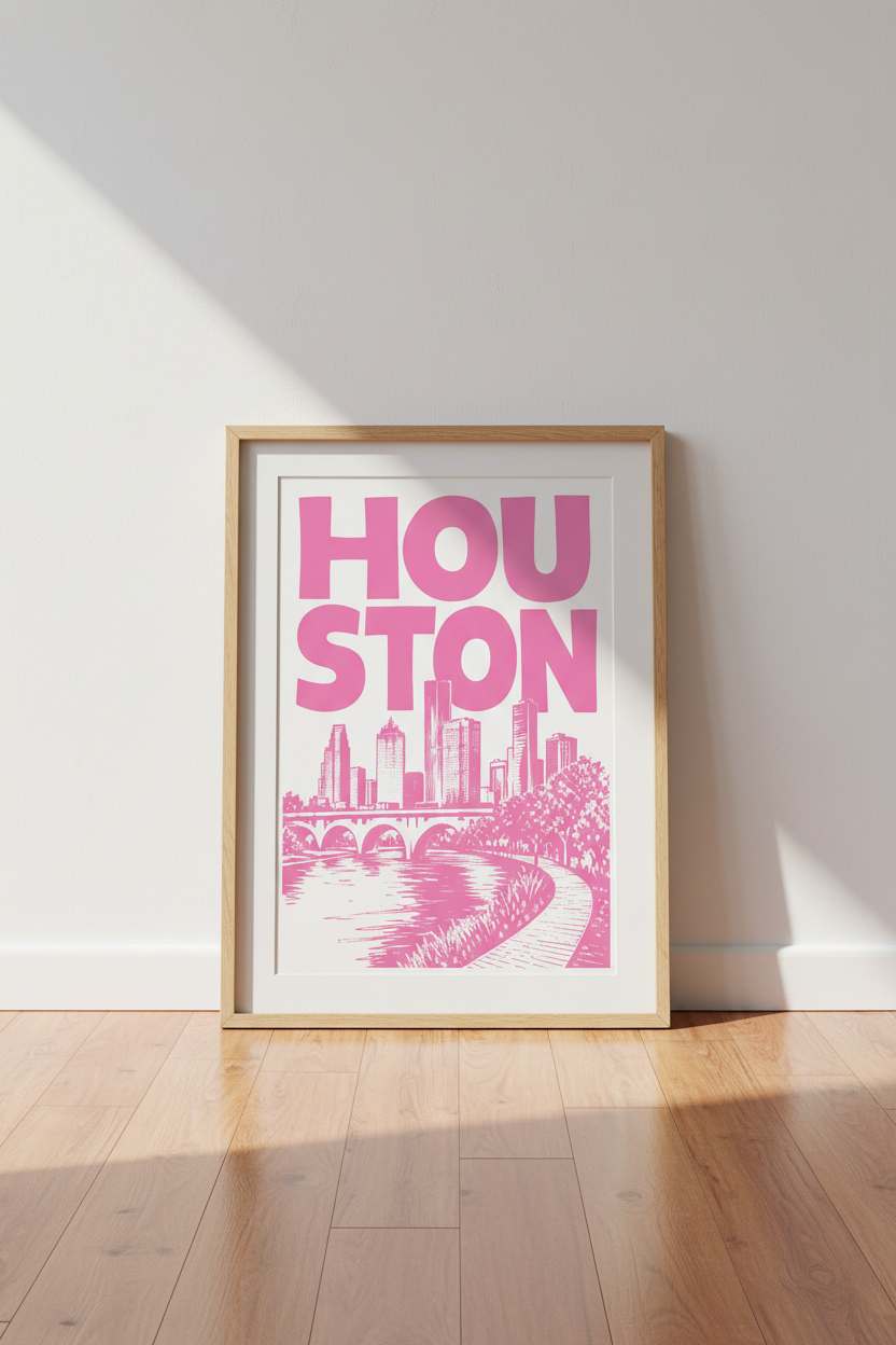 Houston Skyline Print | Pink Modern Cityscape, Texas Decor for Living Room