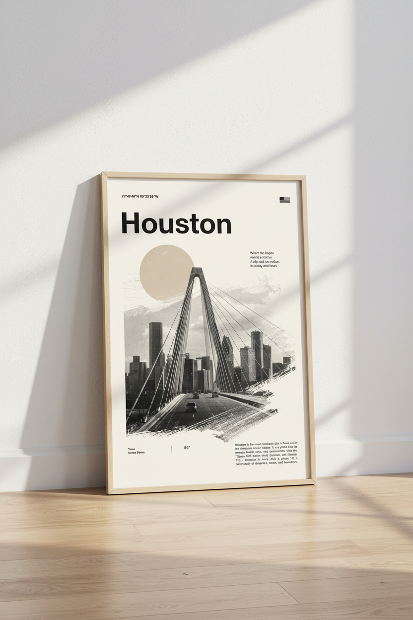 Houston Texas Cityscape Wall Art | Modern Neutral Skyline Decor | Minimalist Poster