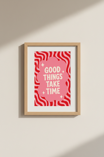 Good Things Take Time Poster | Retro Pink Red Quote Art, Preppy Room Decor
