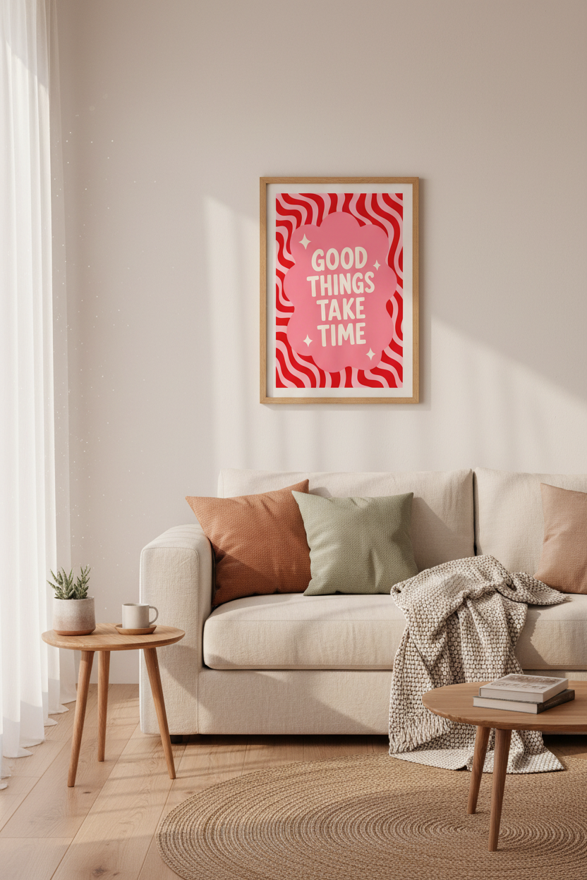 Good Things Take Time Poster | Retro Pink Red Quote Art, Preppy Room Decor