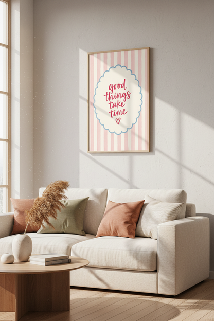 Good Things Take Time Wall Art | Pink Striped Poster, Nursery &amp; Office Decor