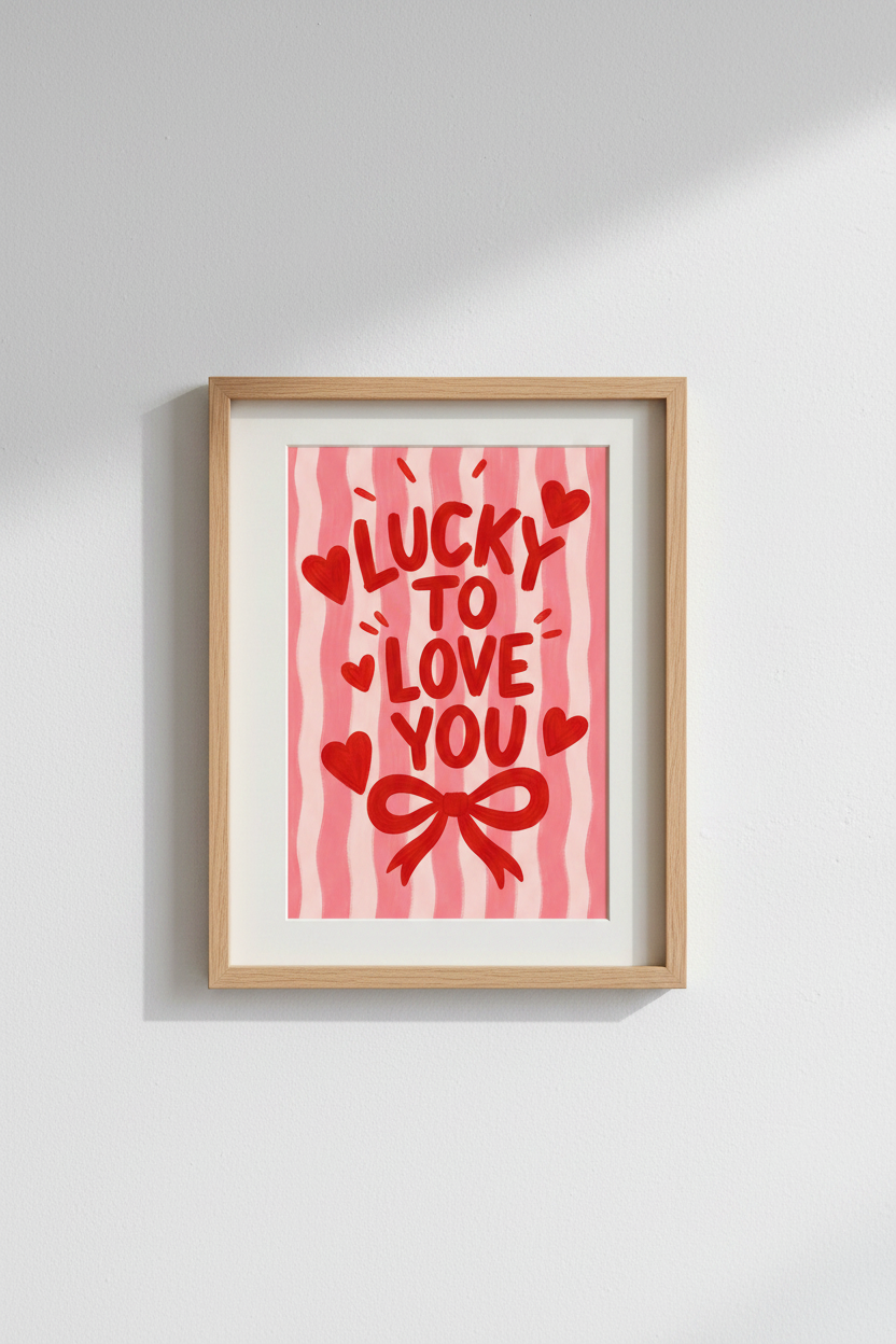 Lucky to Love You Wall Art Print | Pink &amp; Red Coquette Poster | Preppy Bedroom Decor
