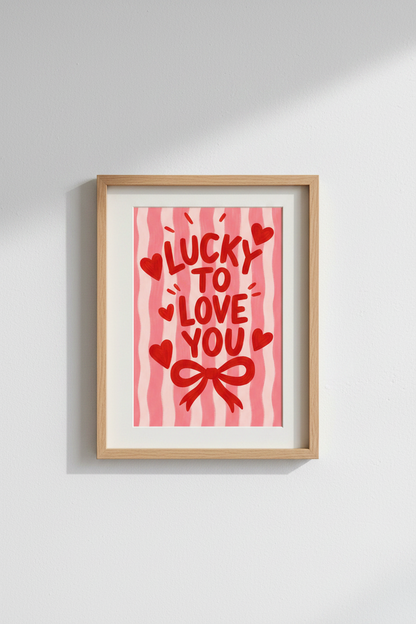 Lucky to Love You Wall Art Print | Pink &amp; Red Coquette Poster | Preppy Bedroom Decor