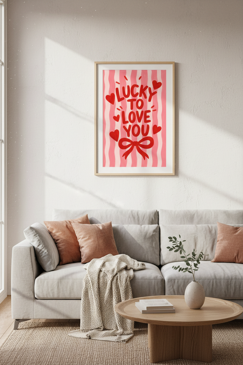 Lucky to Love You Wall Art Print | Pink &amp; Red Coquette Poster | Preppy Bedroom Decor