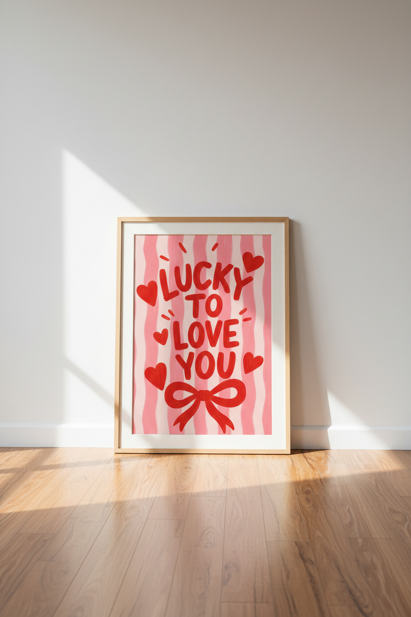 Lucky to Love You Wall Art Print | Pink &amp; Red Coquette Poster | Preppy Bedroom Decor