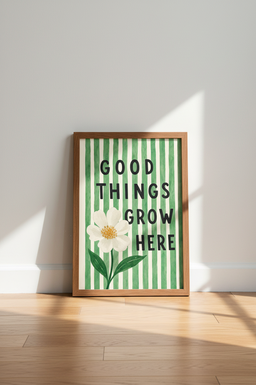 Good Things Grow Here Floral Print | Green Stripe Botanical Decor | Aesthetic Poster