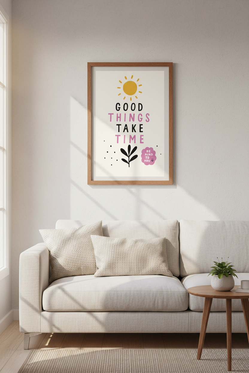 Good Things Take Time Wall Art | Pink &amp; Yellow Quote Decor | Aesthetic Poster