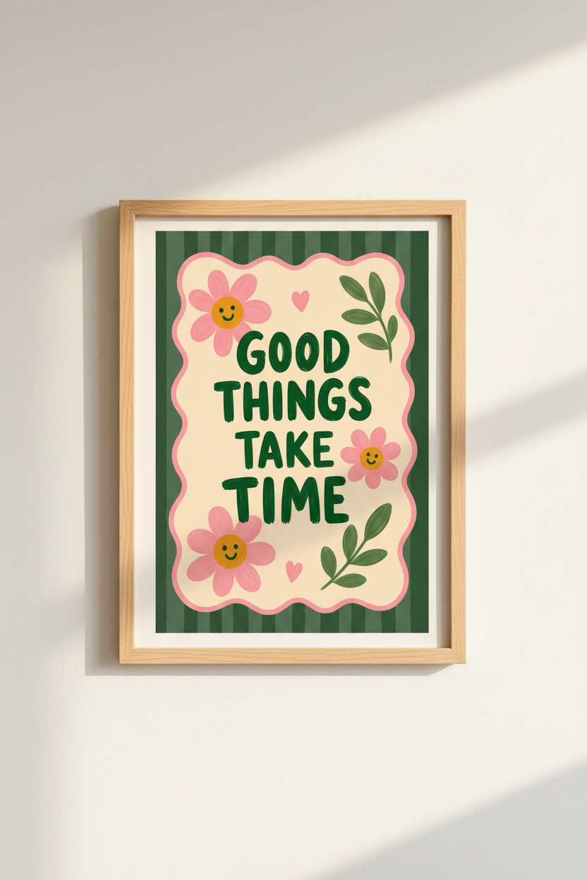 Smiley Flower Wall Art Print | Retro Floral Quote Poster, Sage Green Aesthetic