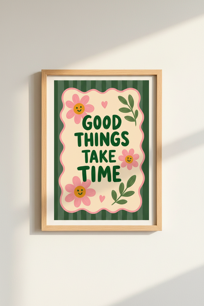 Smiley Flower Wall Art Print | Retro Floral Quote Poster, Sage Green Aesthetic