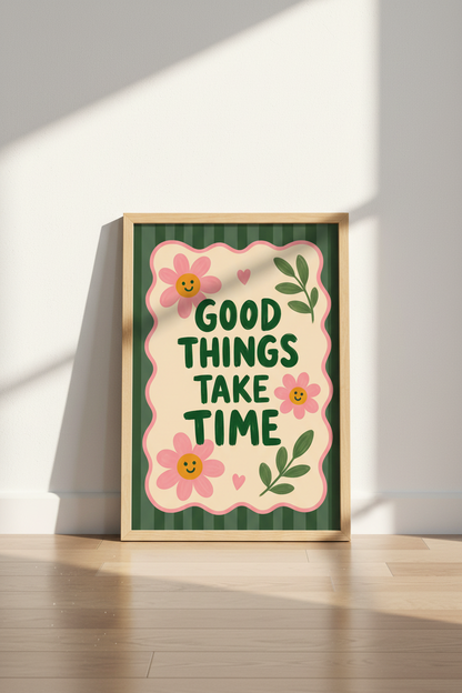 Smiley Flower Wall Art Print | Retro Floral Quote Poster, Sage Green Aesthetic