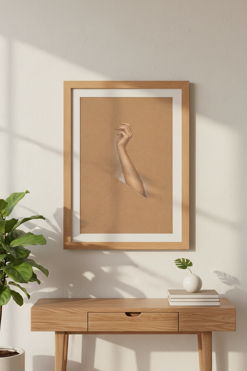 surreal hand art | Kraft-toned, earthy tones | Living room poster