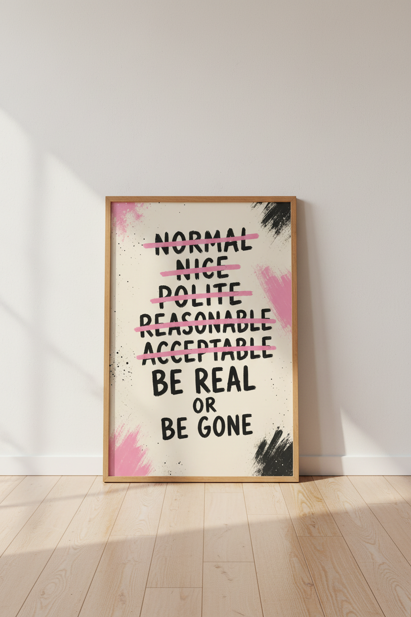 Be Real or Be Gone Bold Quote Wall Art | Pink &amp; Black Modern Poster, Dorm Decor Art Print