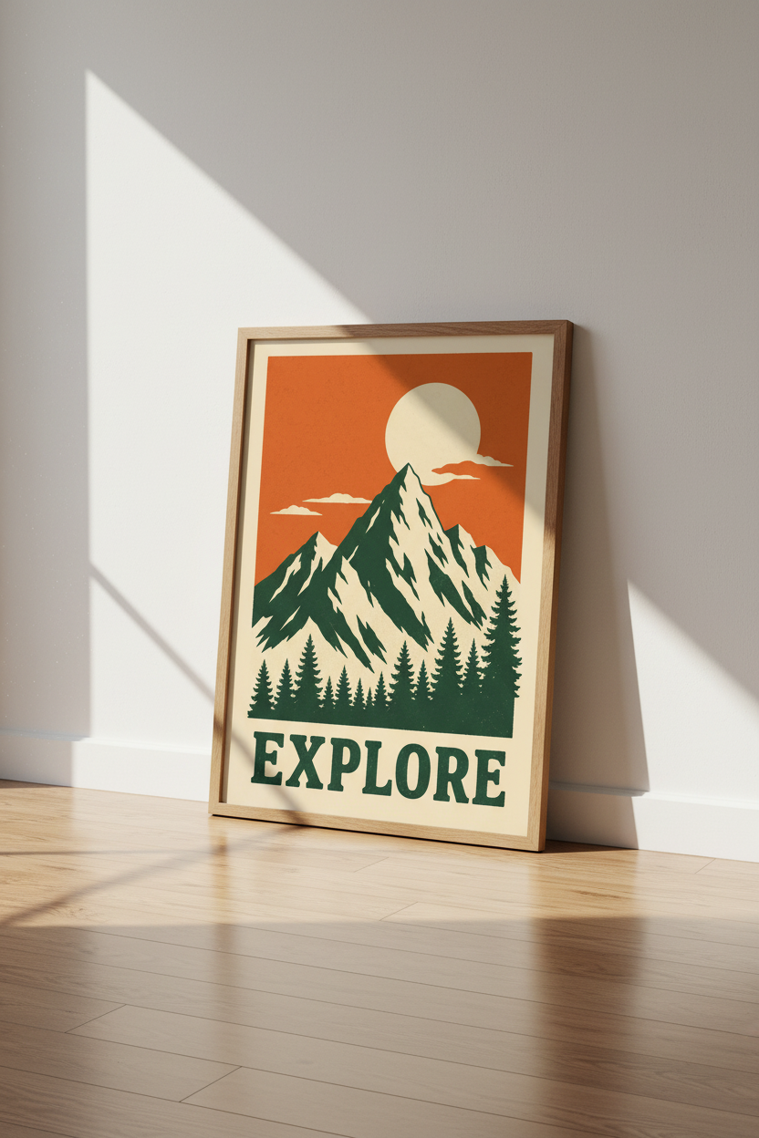 Explore Mountain Wall Art | Retro Orange &amp; Green Nature Poster, Cabin Decor